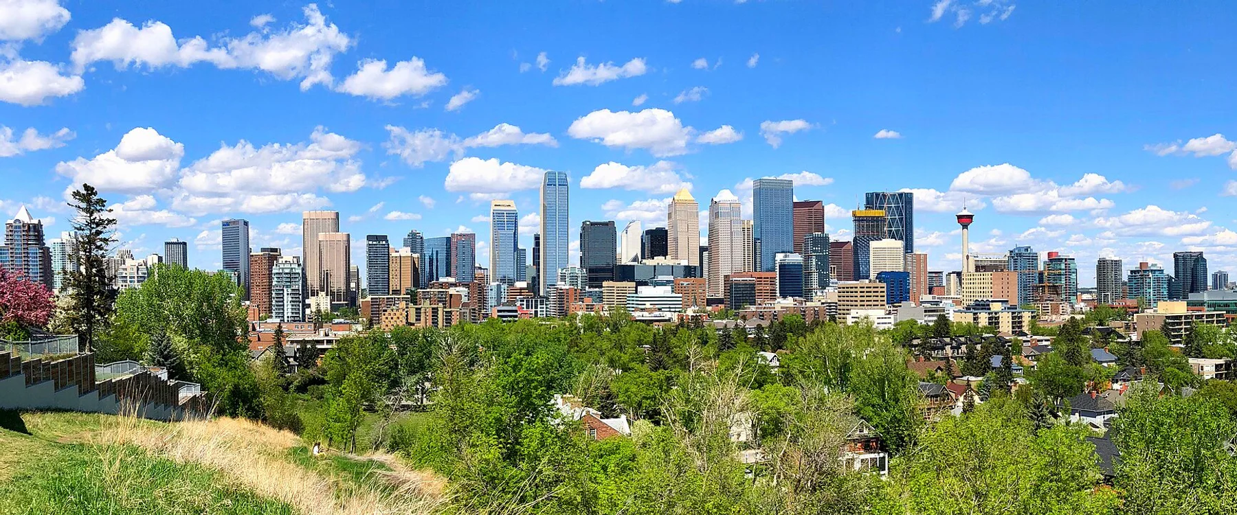 Calgary skyline and Calgary Tower on a clear spring day
